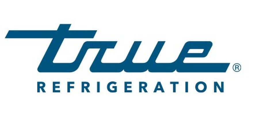 A blue and white logo of true refrigeration